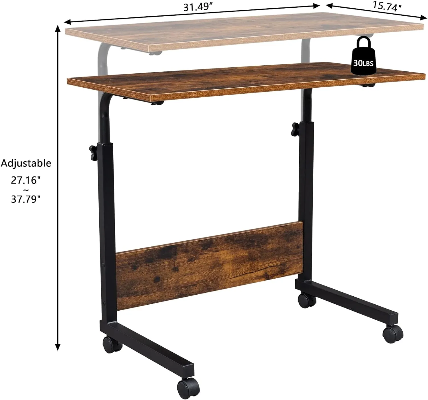 Sofa Side Table Desk with Wheels, Tray Table Portable Side Table for Bed, Table Laptop Cart, Height Adjustable Coffee Snack Table for Living Room, Bedroom, The Study, 31.5" L X 16" W, Brown
