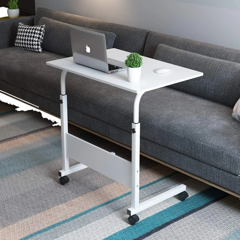 Sofa Side Table with Wheels & Baffle, Removable Laptop Computer Desk, Height Adjustable Rolling Coffee Snack Table, Sofa Side Desk for Living Room, Bedroom, The Study, 32" LX 16" W White