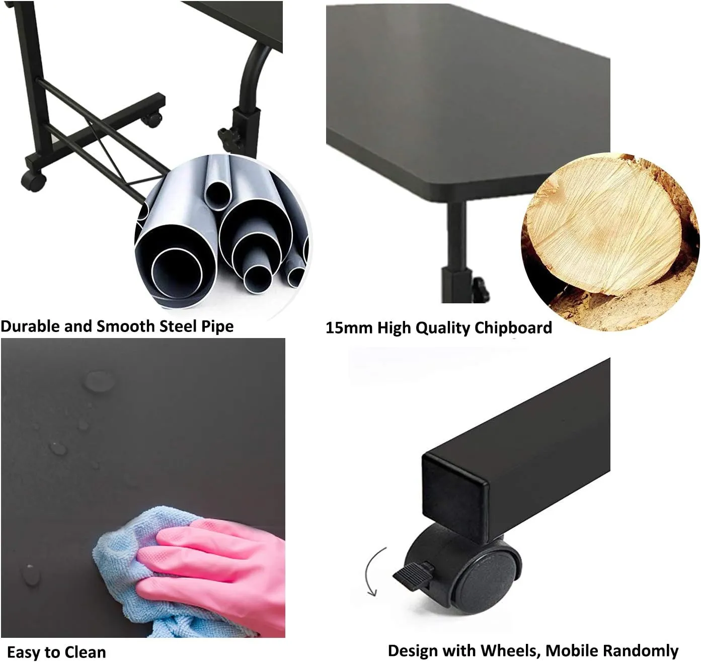 Sofa Side Table with Wheels & Baffle, Removable Laptop Desk, Height Adjustable Rolling Coffee Snack Table, TV Tray for Living Room, Bedroom, The Study, 32" LX 16" W Black