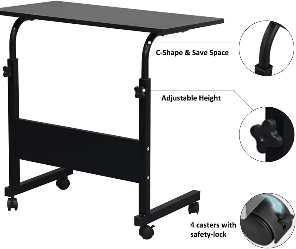 Sofa Side Table with Wheels & Baffle, Removable Laptop Desk, Height Adjustable Rolling Coffee Snack Table, TV Tray for Living Room, Bedroom, The Study, 32" LX 16" W Black