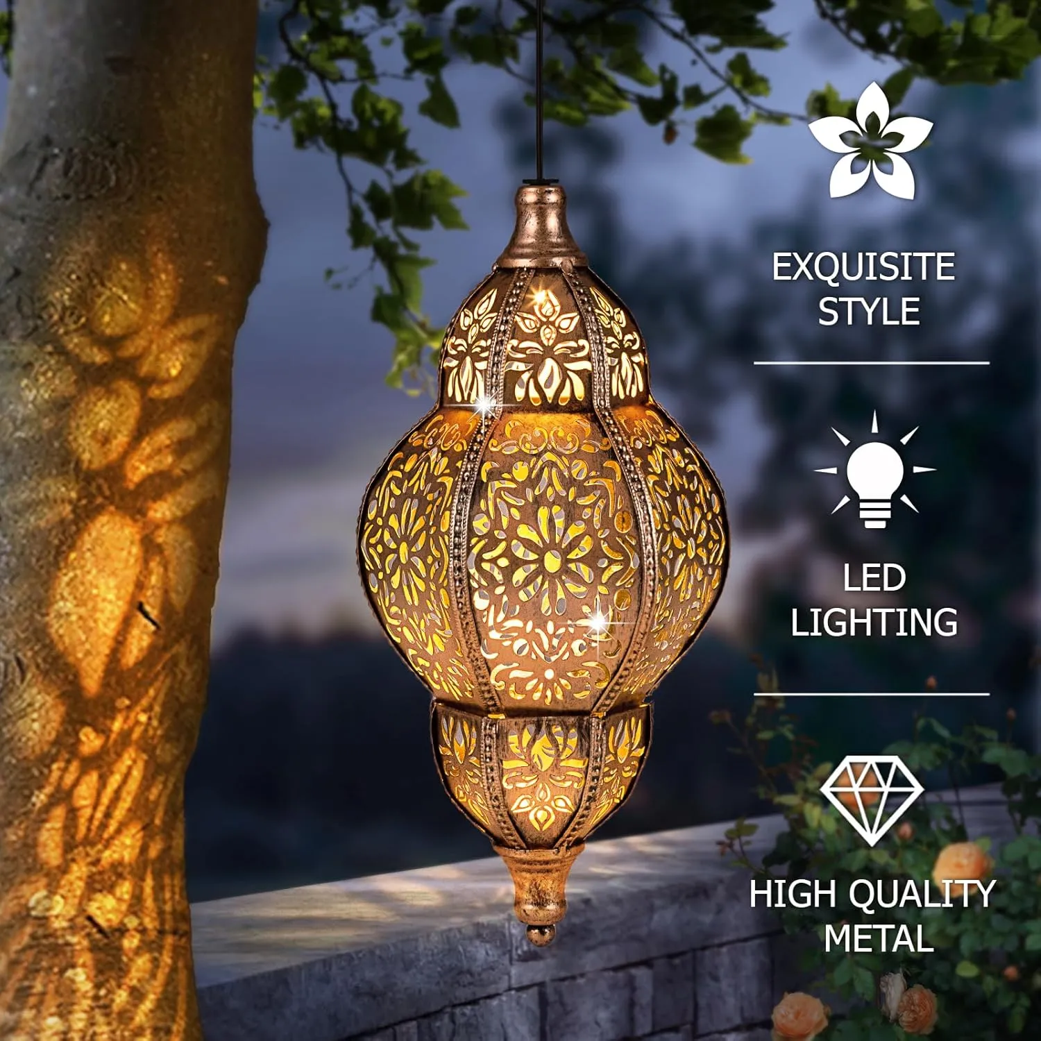 Solar Lantern Outdoor Waterproof, Hanging Garden Decor, Metal Moroccan Decorative Lights for Yard, Patio, Lawn, Porch, Unique Housewarming Gifts
