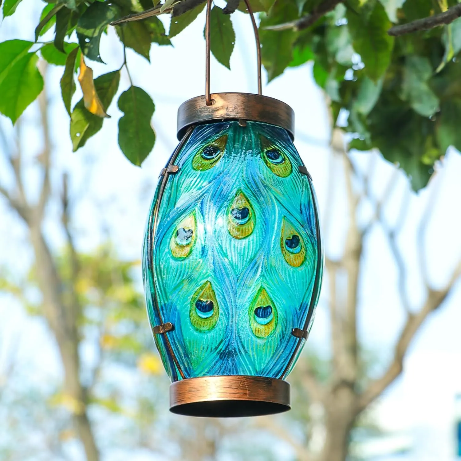 Solar Lanterns Outdoor Hanging Lights, Waterproof Glass Solar Lights Garden Decor Light for Patio Backyard Pathway Porch, Peacock
