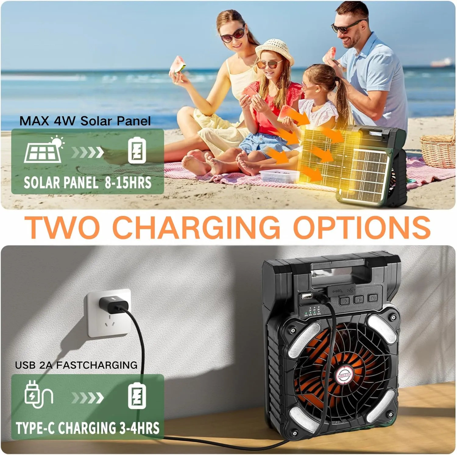 Solar Powered Portable Camping Fan,10400mAh rechargeable Solar Power Cordless Battery Fan with LED Lantern | 4 Wind Speeds Adjustable |3 Timers Modes | Quiet , Perfect for Tent, Fishing ,Picnic,orange