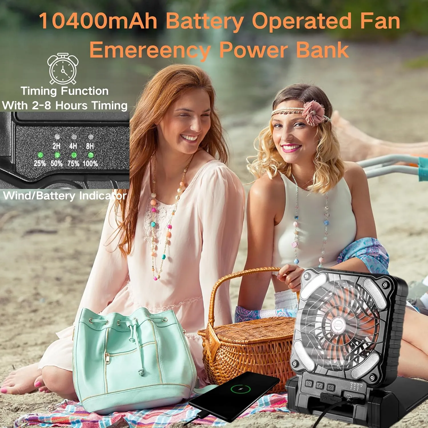 Solar Powered Portable Camping Fan,10400mAh rechargeable Solar Power Cordless Battery Fan with LED Lantern | 4 Wind Speeds Adjustable |3 Timers Modes | Quiet , Perfect for Tent, Fishing ,Picnic,orange