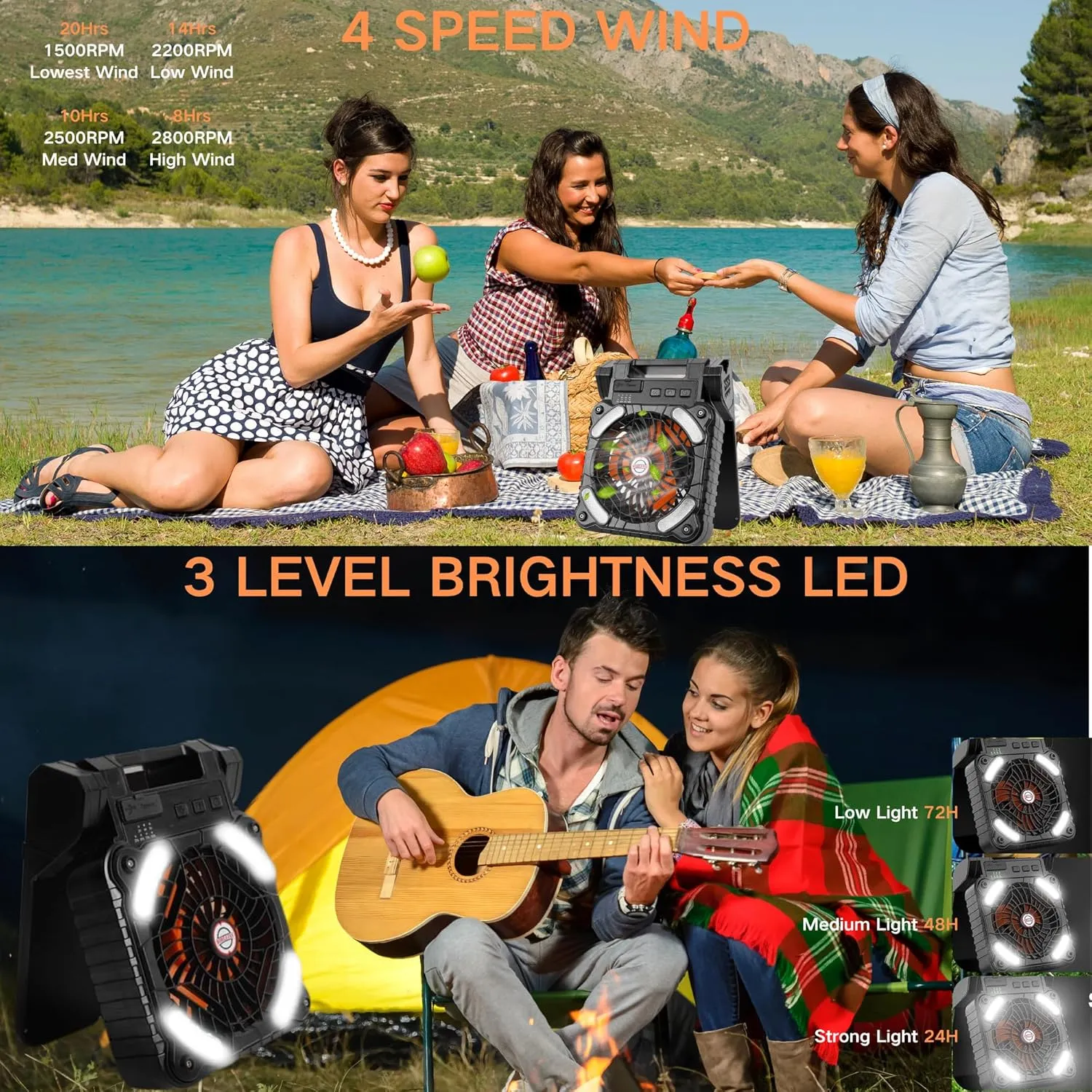 Solar Powered Portable Camping Fan,10400mAh rechargeable Solar Power Cordless Battery Fan with LED Lantern | 4 Wind Speeds Adjustable |3 Timers Modes | Quiet , Perfect for Tent, Fishing ,Picnic,orange