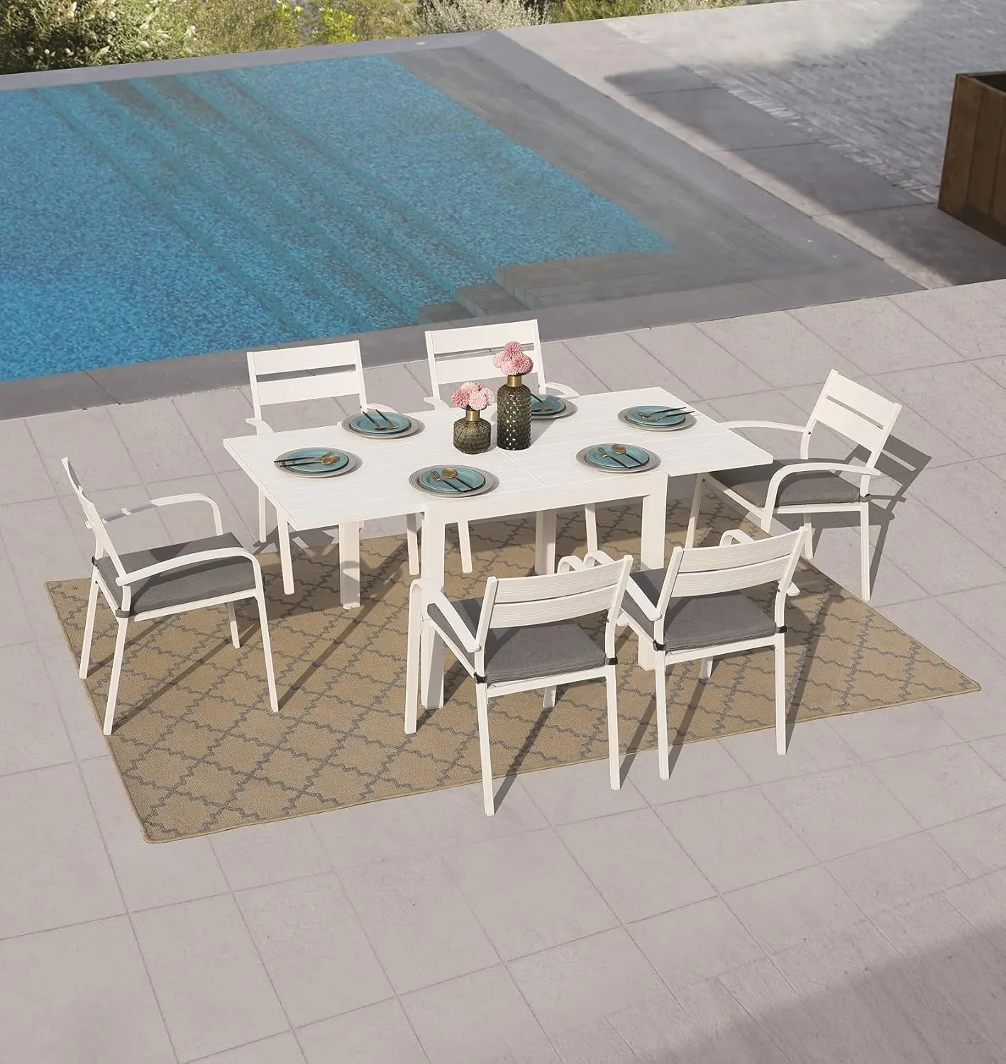 Soleil Jardin Aluminum Patio Extendable Dining Table, 35" - 71", Adjustable Indoor Outdoor Furniture Rectangle Table for 4-6 Person Porch Deck Garden, White