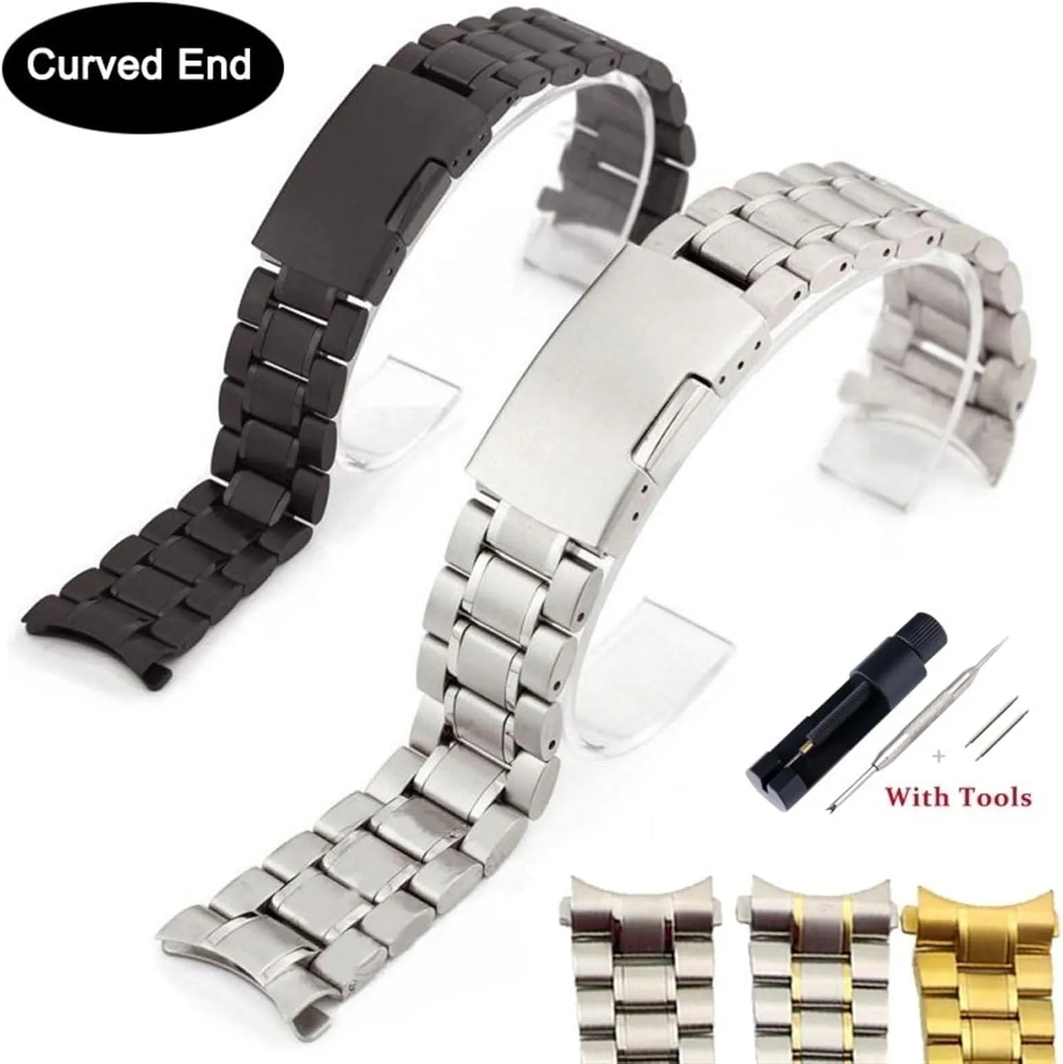Solid Stainless Steel Curved End Watch Strap Wrist Band Bracelet Accessories Men Women Watch Chain Strap