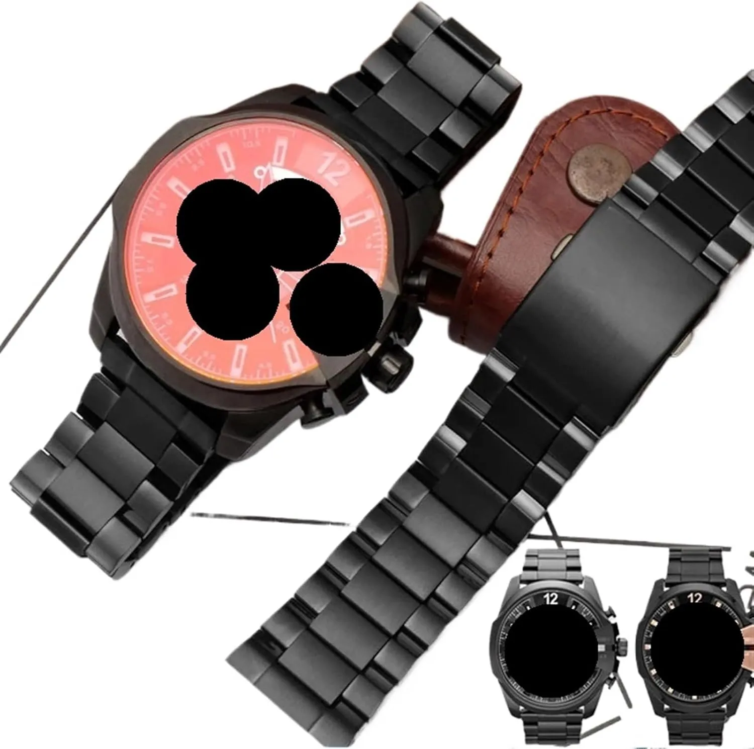 Solid Stainless Steel Glossy Black Watch Band 26mm Universal Watch Band for Quartz Watch Smart Watch Curved Interface Mens Womens Watch Accessories