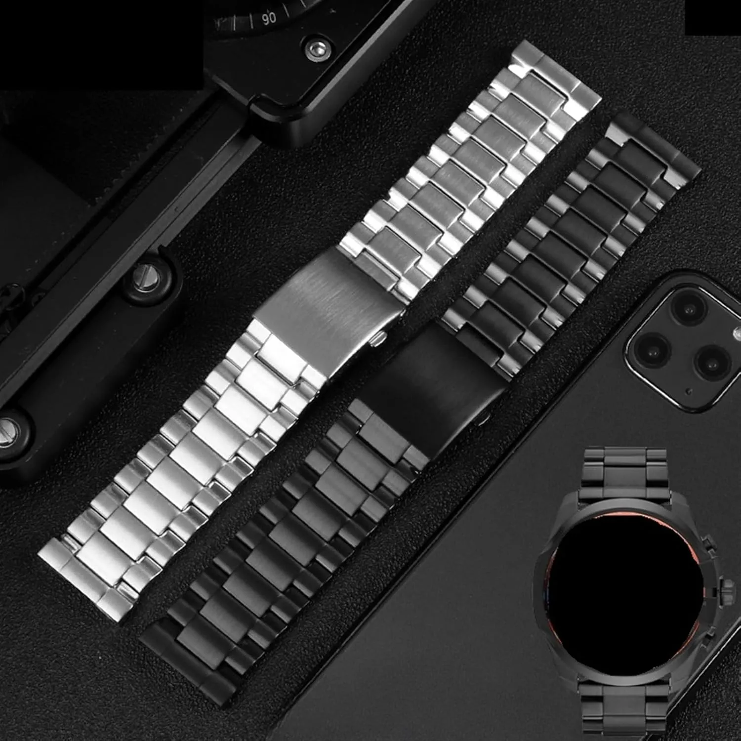 Solid Stainless Steel Glossy Black Watch Band 26mm Universal Watch Band for Quartz Watch Smart Watch Curved Interface Mens Womens Watch Accessories
