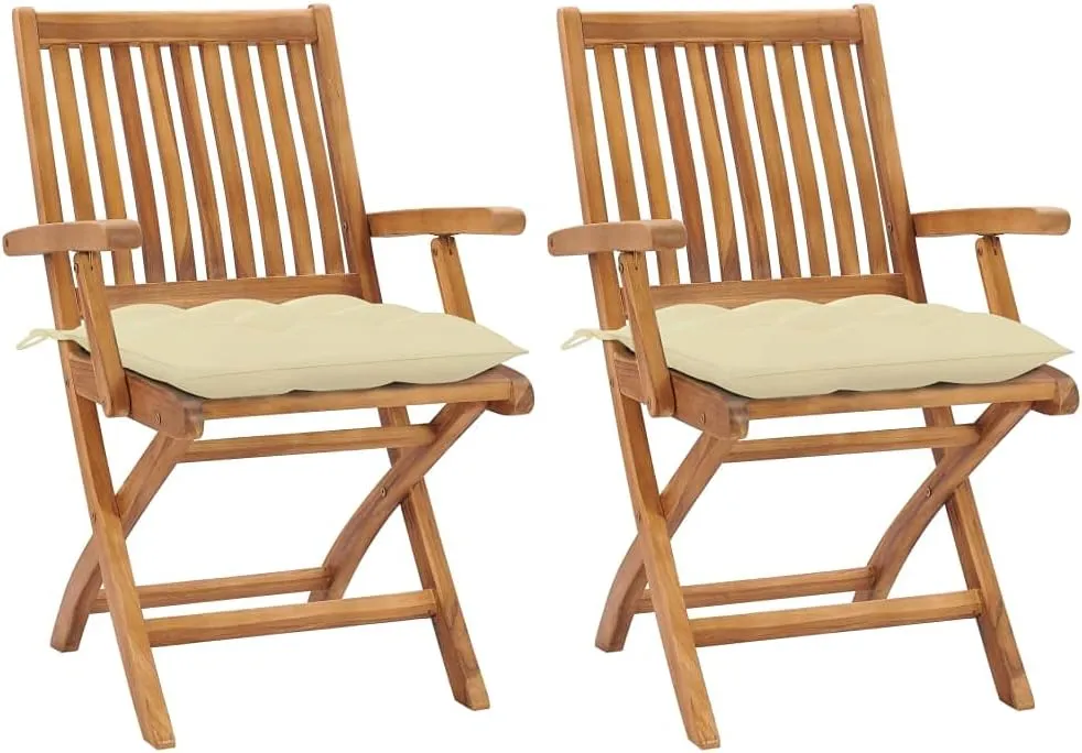 Solid Teak Wood Patio Chairs with Cream Cushions 2 Pack, Foldable Outdoor Furniture Weather-Resistant Wooden Lounge Chairs for Poolside Backyard Beach Camping