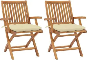 Solid Teak Wood Patio Chairs with Cream Cushions 2 Pack, Foldable Outdoor Furniture Weather-Resistant Wooden Lounge Chairs for Poolside Backyard Beach Camping