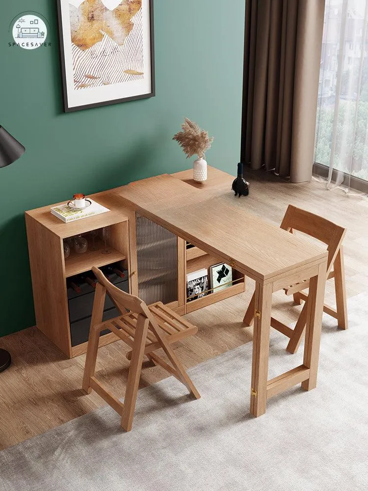Solid Wood Multi-Functional Sideboard Cabinet Dining Tables and Chairs Set Integrated Modern Simple and Foldable Household