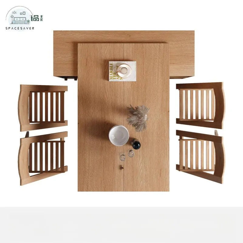 Solid Wood Multi-Functional Sideboard Cabinet Dining Tables and Chairs Set Integrated Modern Simple and Foldable Household