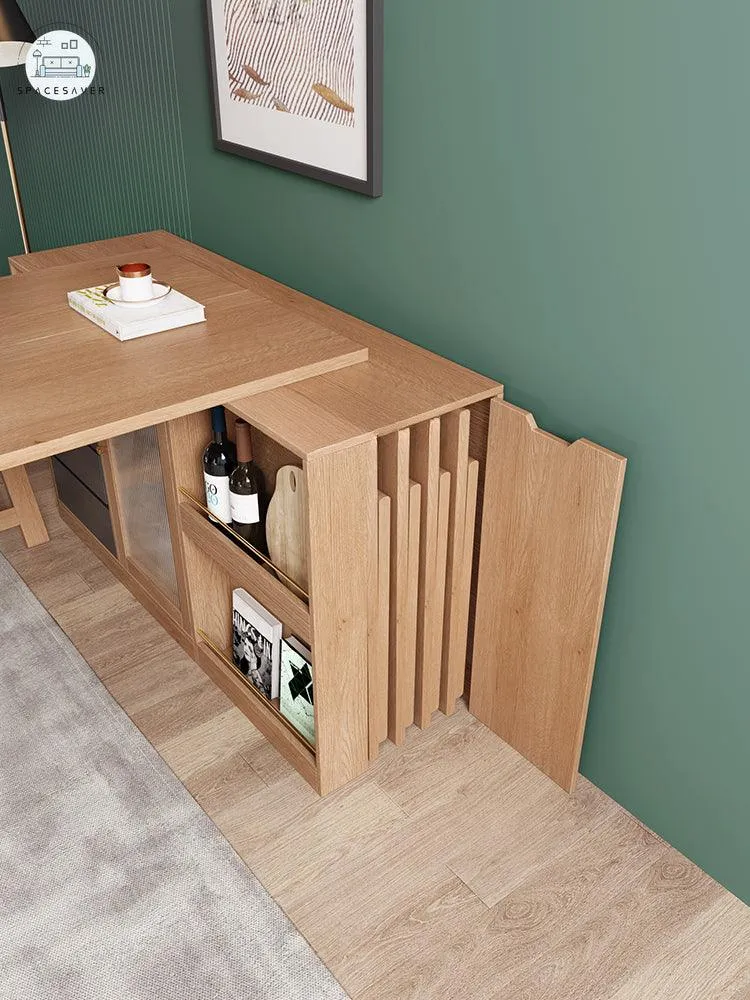 Solid Wood Multi-Functional Sideboard Cabinet Dining Tables and Chairs Set Integrated Modern Simple and Foldable Household