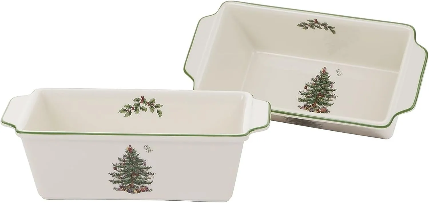 Spode Christmas Tree Loaf Pan (Set of 2) - Non-Stick Earthenware Bread Pan for Baking, Holiday Bakeware, Banana Bread, Meatloaf, Pound Cake, Dishwasher and Oven Safe (7.75" x 3.5")