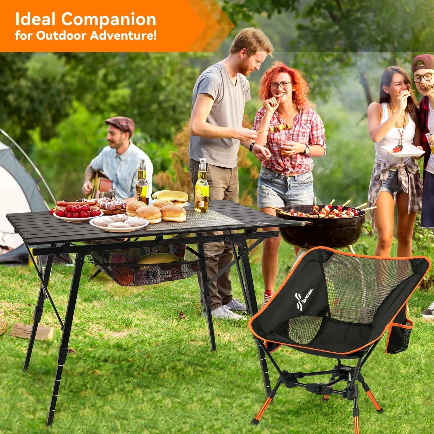Sportneer Camping Tables That Fold Up Lightweight, Adjustable Height Aluminum Folding Table with Top Mesh Layer, Roll Up Camping Table for Outdoor Camp Picnic Beach RV Backyards Kitchen BBQ