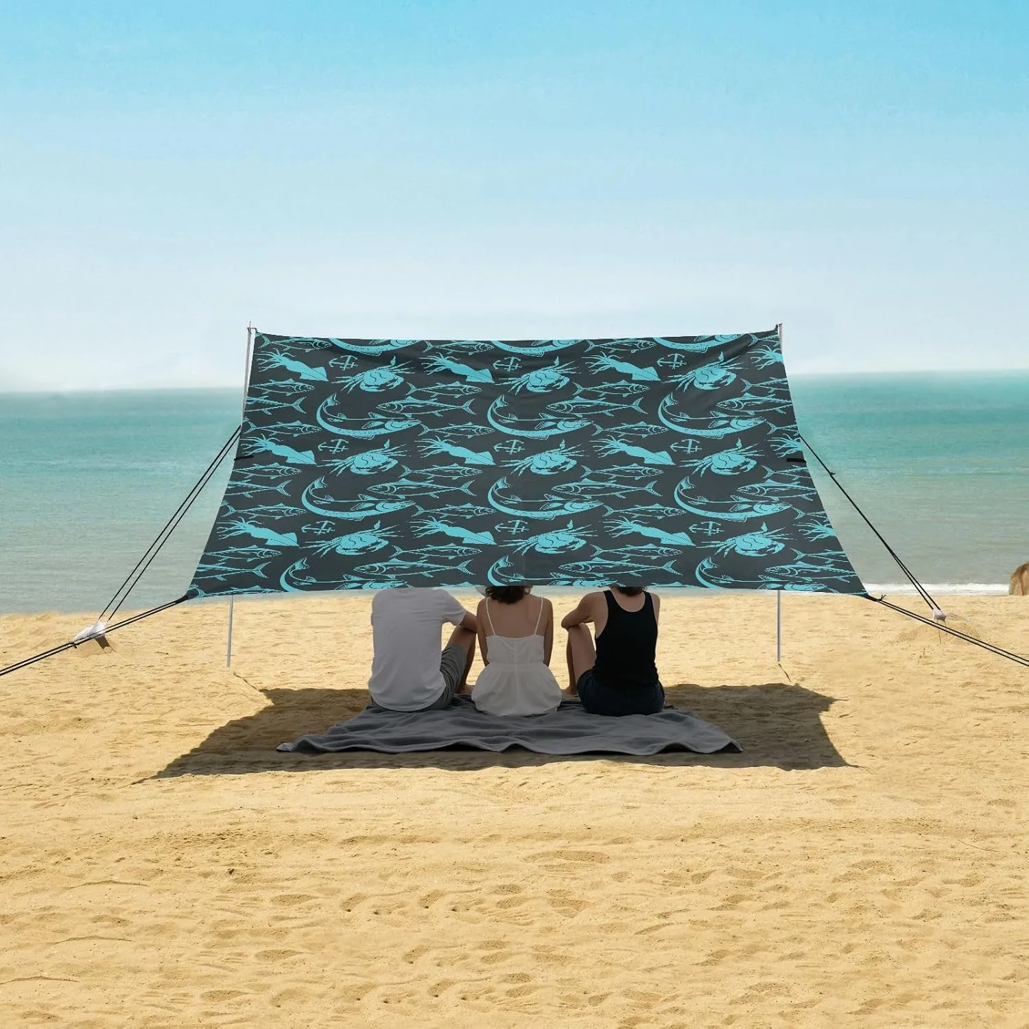 Squid Salmon Fish Pattern Beach Camping Tent Sun Shelter for Whole Family, Beach Shade Canopy with UPF50  UV Protection,Easy Set Up and Carry,Outdoor Shade for Trips, Fishing, Backyard Fun Picn