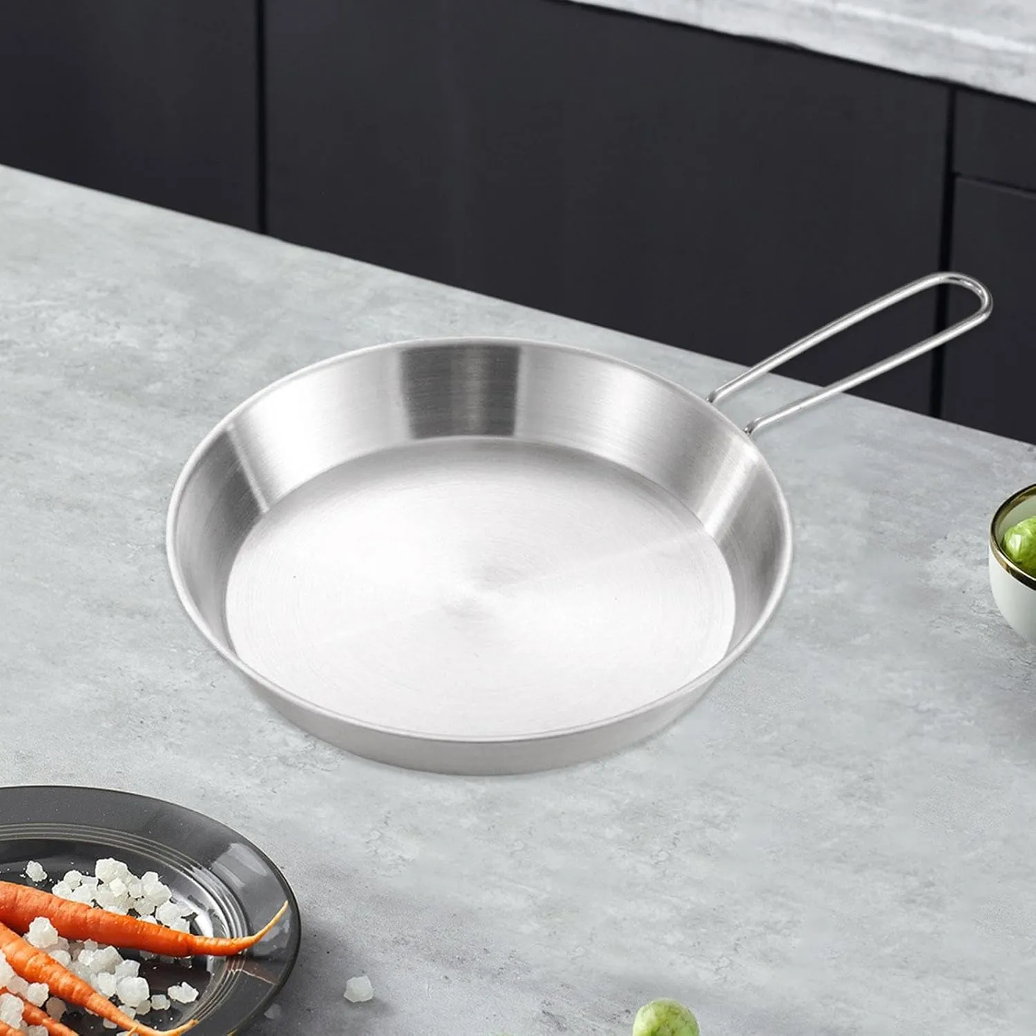 Stainless Steel Camping Fry Pan Cookware Foldable Handle Scratch Resistant Compact for Travel Hiking Outdoor Cooking Griddle, 20cm