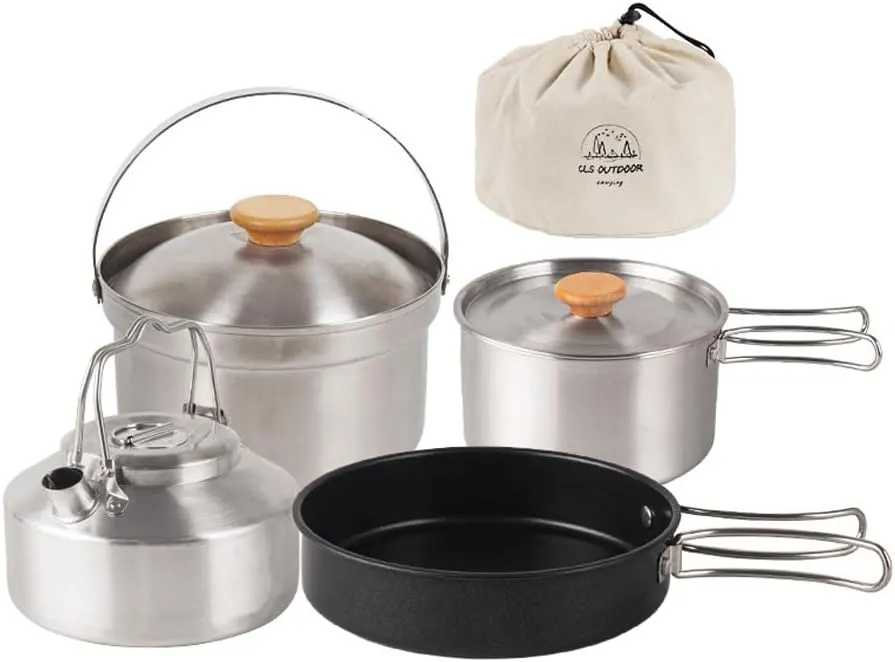 Stainless Steel Camping Hiking Cookware Set with Pot Frying Pan Kettle for Picnic BBQ Backpacking