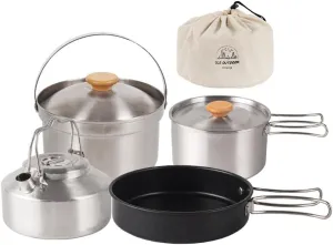 Stainless Steel Camping Hiking Cookware Set with Pot Frying Pan Kettle for Picnic BBQ Backpacking