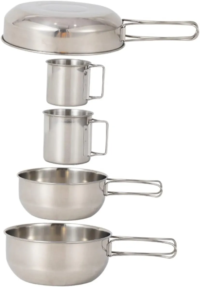 Stainless Steel Cup Pot Set 5pcs Camping Tableware for Hiking Picnic BBQ