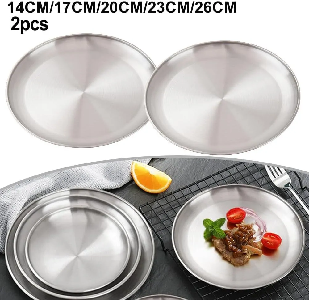 Stainless Steel For Camping Plates 2 Pack Round Tableware for All Your Outdoor Needs (26x1.6cm)