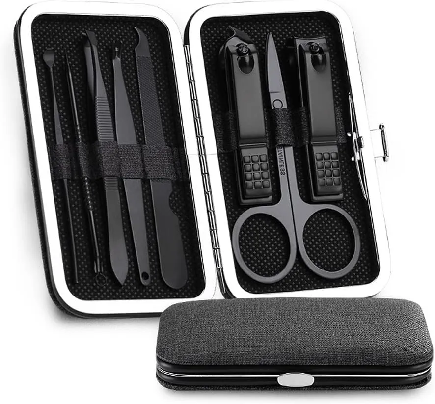 Stainless Steel Nail Clippers Manicure Tool Portable Pedicure Sets with Button Lock for Man 8 Pieces (C) (B)