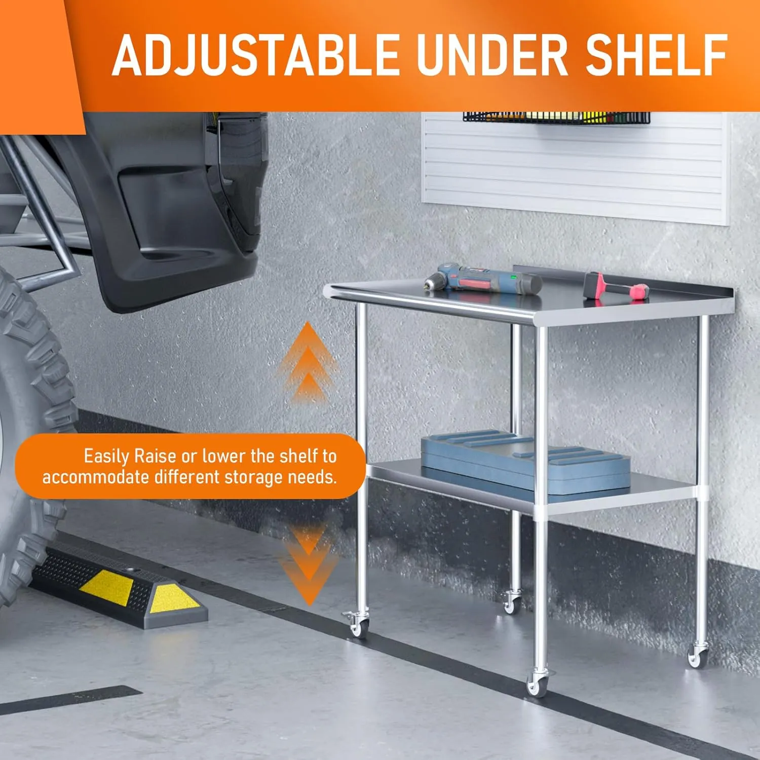 Stainless Steel Prep Table 24" X 30" with Adjustable Undershelf, Backsplash and Wheels, Commercial Metal Workstations for Kitchen, Garage, Outdoor BBQ