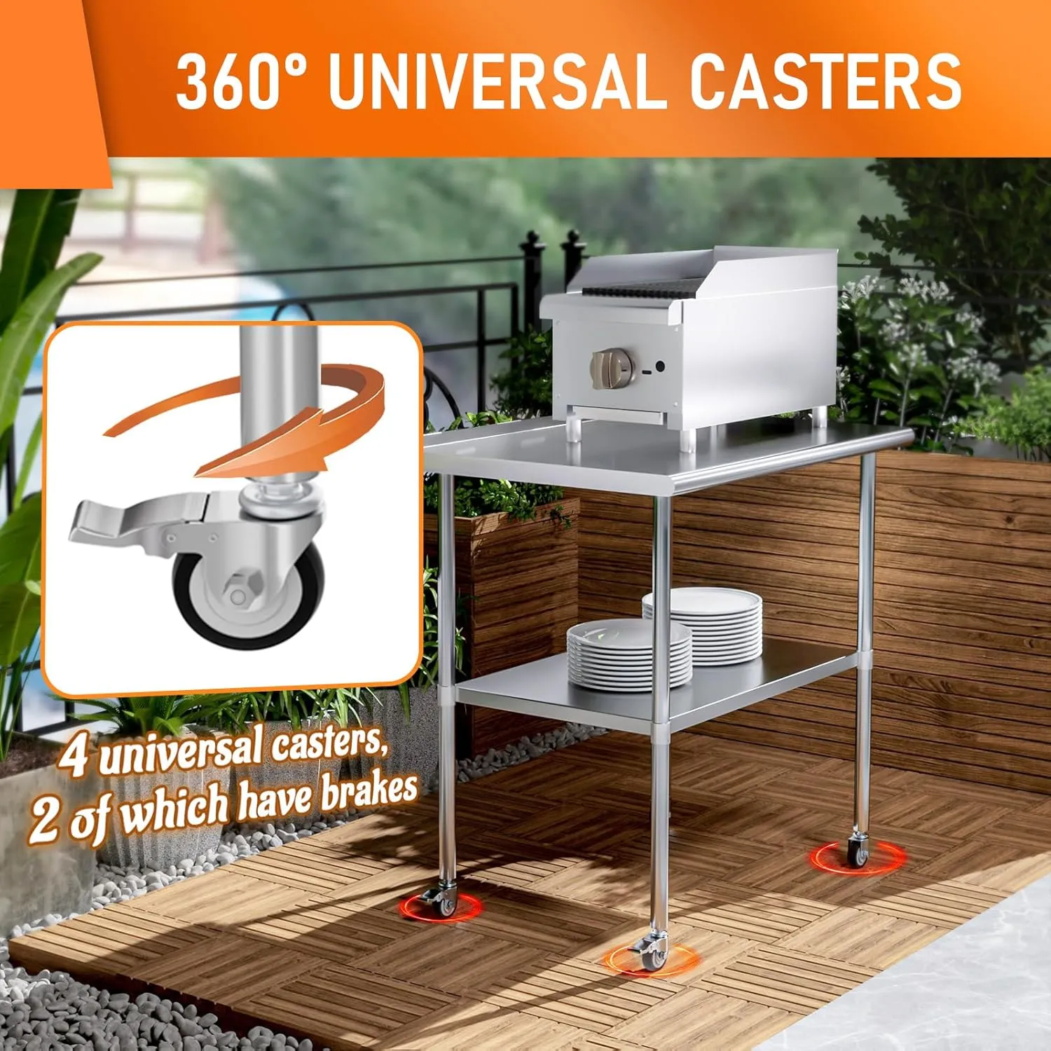 Stainless Steel Prep Table 24" X 30" with Adjustable Undershelf, Backsplash and Wheels, Commercial Metal Workstations for Kitchen, Garage, Outdoor BBQ