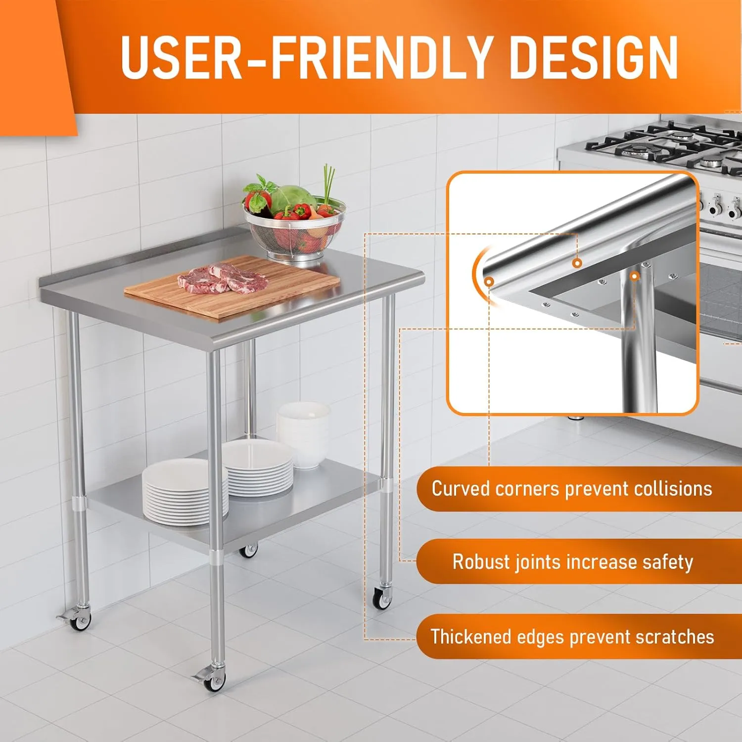 Stainless Steel Prep Table 24" X 30" with Adjustable Undershelf, Backsplash and Wheels, Commercial Metal Workstations for Kitchen, Garage, Outdoor BBQ