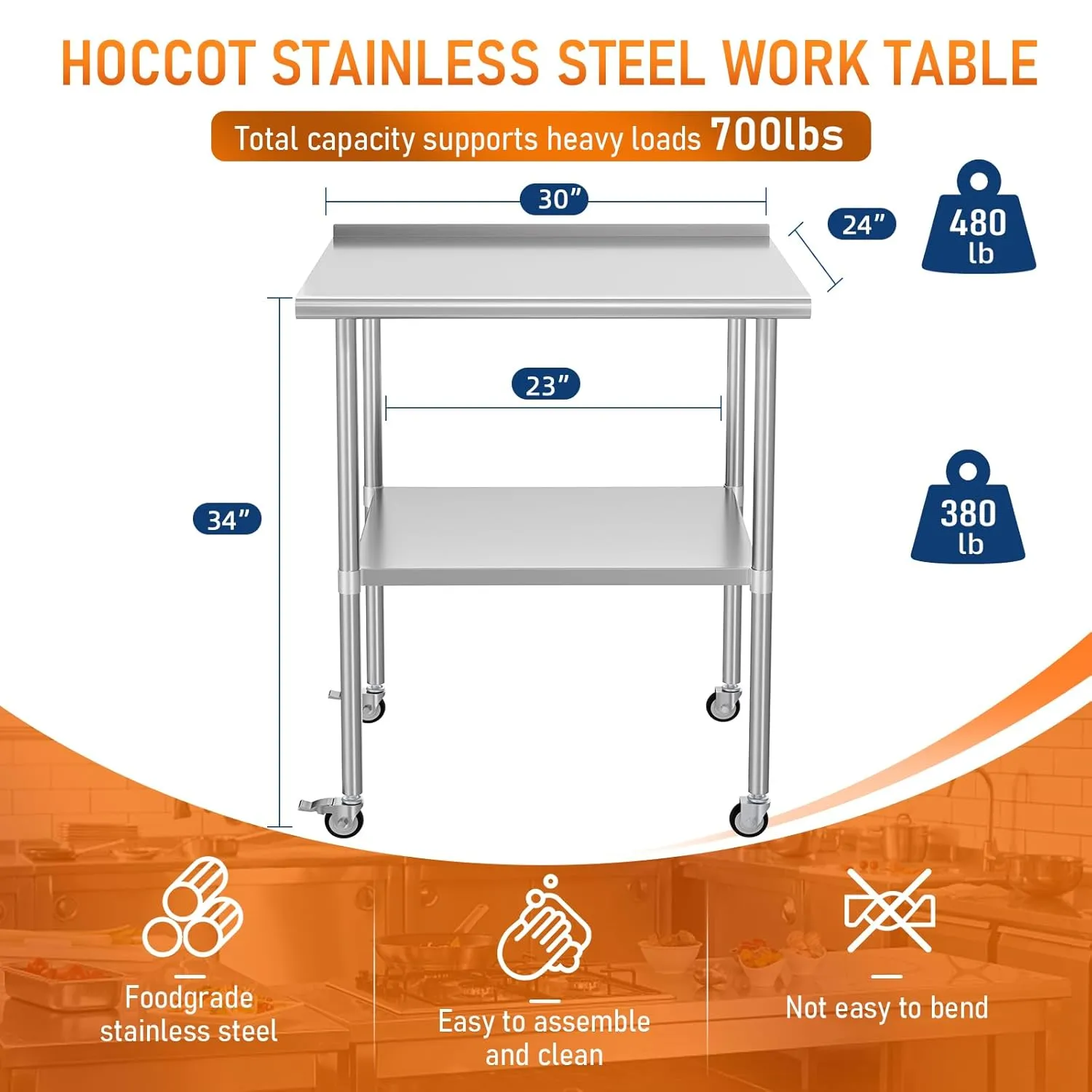 Stainless Steel Prep Table 24" X 30" with Adjustable Undershelf, Backsplash and Wheels, Commercial Metal Workstations for Kitchen, Garage, Outdoor BBQ