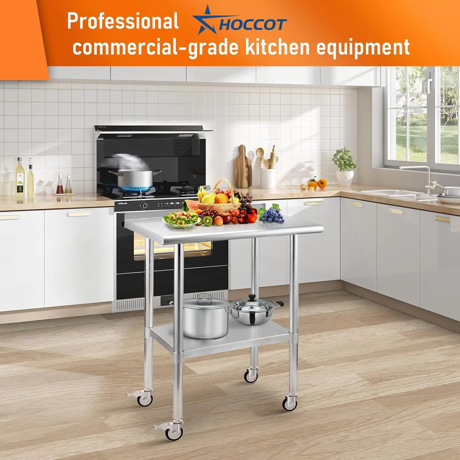 Stainless Steel Prep Table 24" X 30" with Adjustable Undershelf, Backsplash and Wheels, Commercial Metal Workstations for Kitchen, Garage, Outdoor BBQ