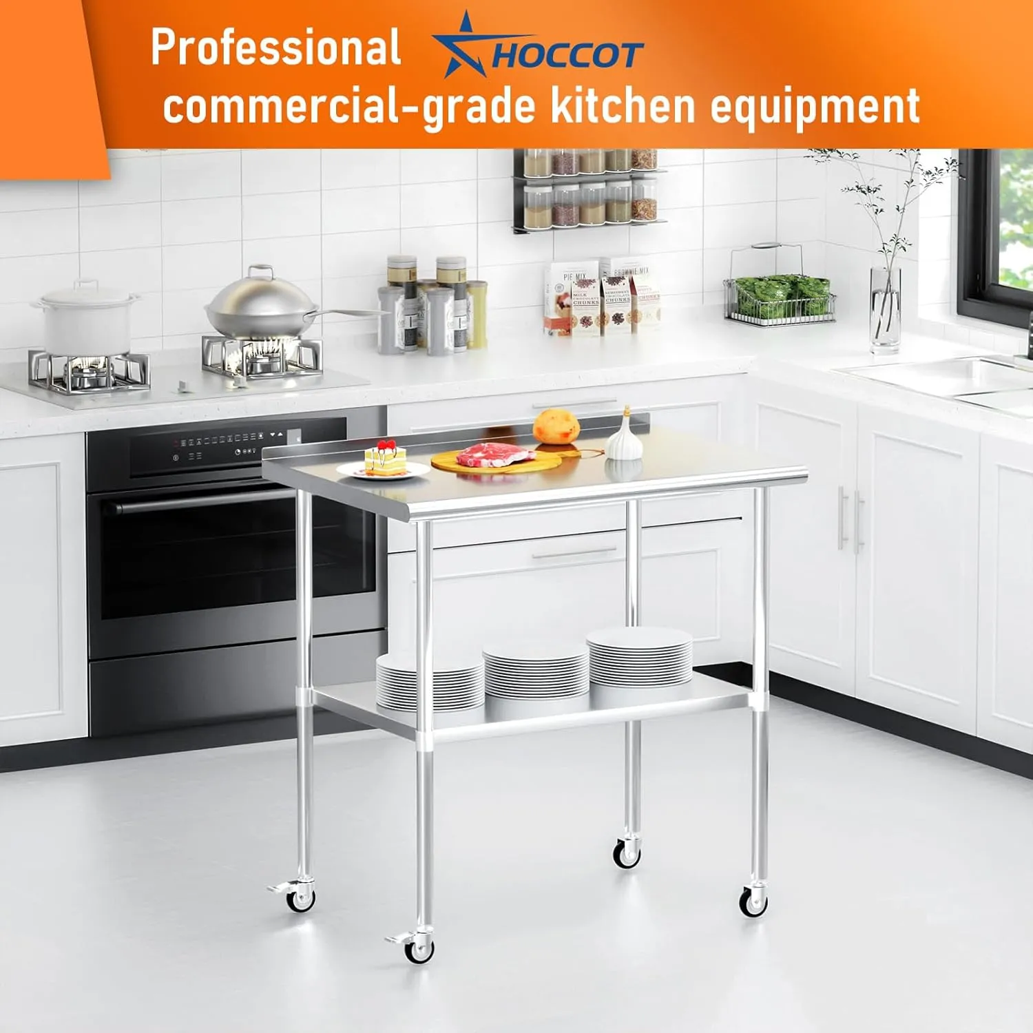 Stainless Steel Prep Table 24" X 30" with Adjustable Undershelf, Backsplash and Wheels, Commercial Metal Workstations for Kitchen, Garage, Outdoor BBQ