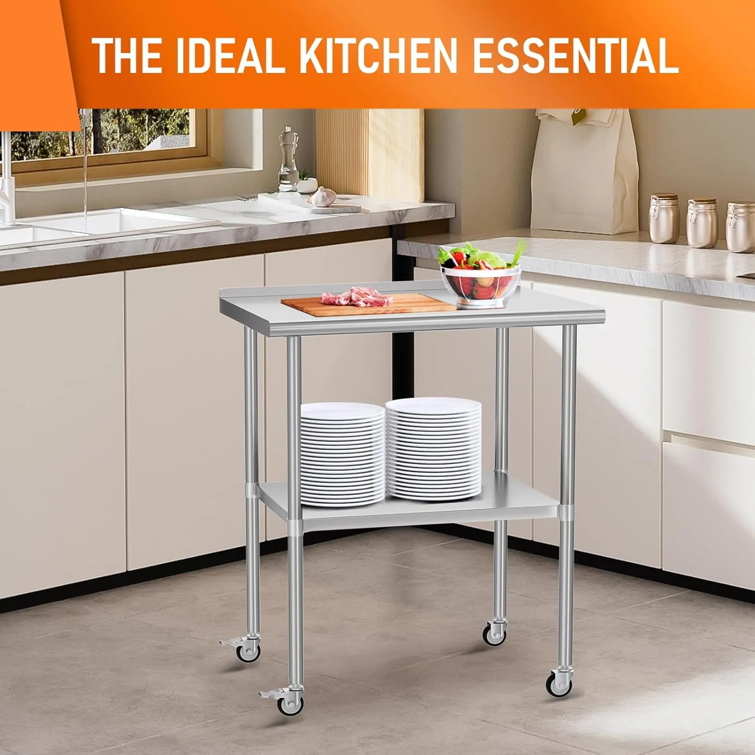 Stainless Steel Prep Table 24" X 30" with Adjustable Undershelf, Backsplash and Wheels, Commercial Metal Workstations for Kitchen, Garage, Outdoor BBQ