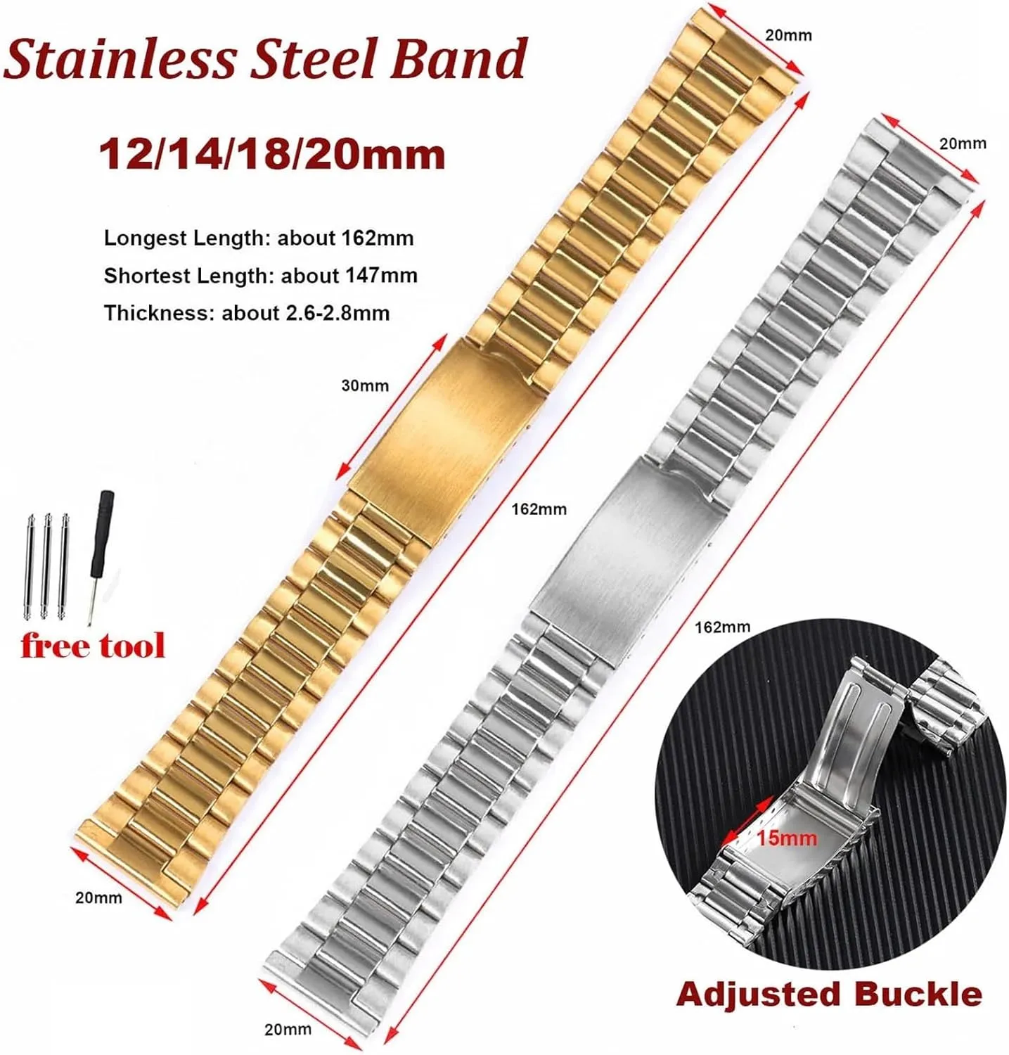 Stainless Steel Watch Band 12mm 14mm 18mm 20mm Folding Buckle Universal Watch Strap