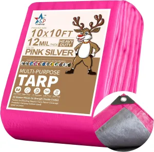 STARPYNG-12 Mil Pink/Silver 10x10 Feet Tarp-Heavy Duty Poly Tarp-Cover,Waterproof, UV Resistant, Weather Resistant, Cover Cars, Boats, Courtyards,Camping