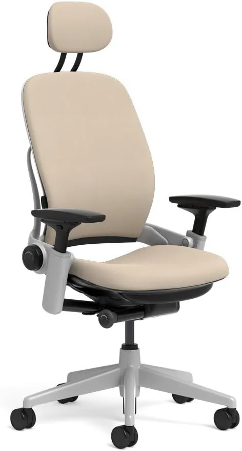 Steelcase Leap Task Chair: Platinum Base - 4D Adjustable Arms - Headrest - Hard Floor Casters