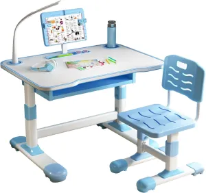 Study Desk Chair Set for Girl, Height Adjustable Toddlers Writing Table with Tiltable Reading Stand LED Table Light, Living Room Bedroom Children Learning Table with Extra Large Drawer Blue