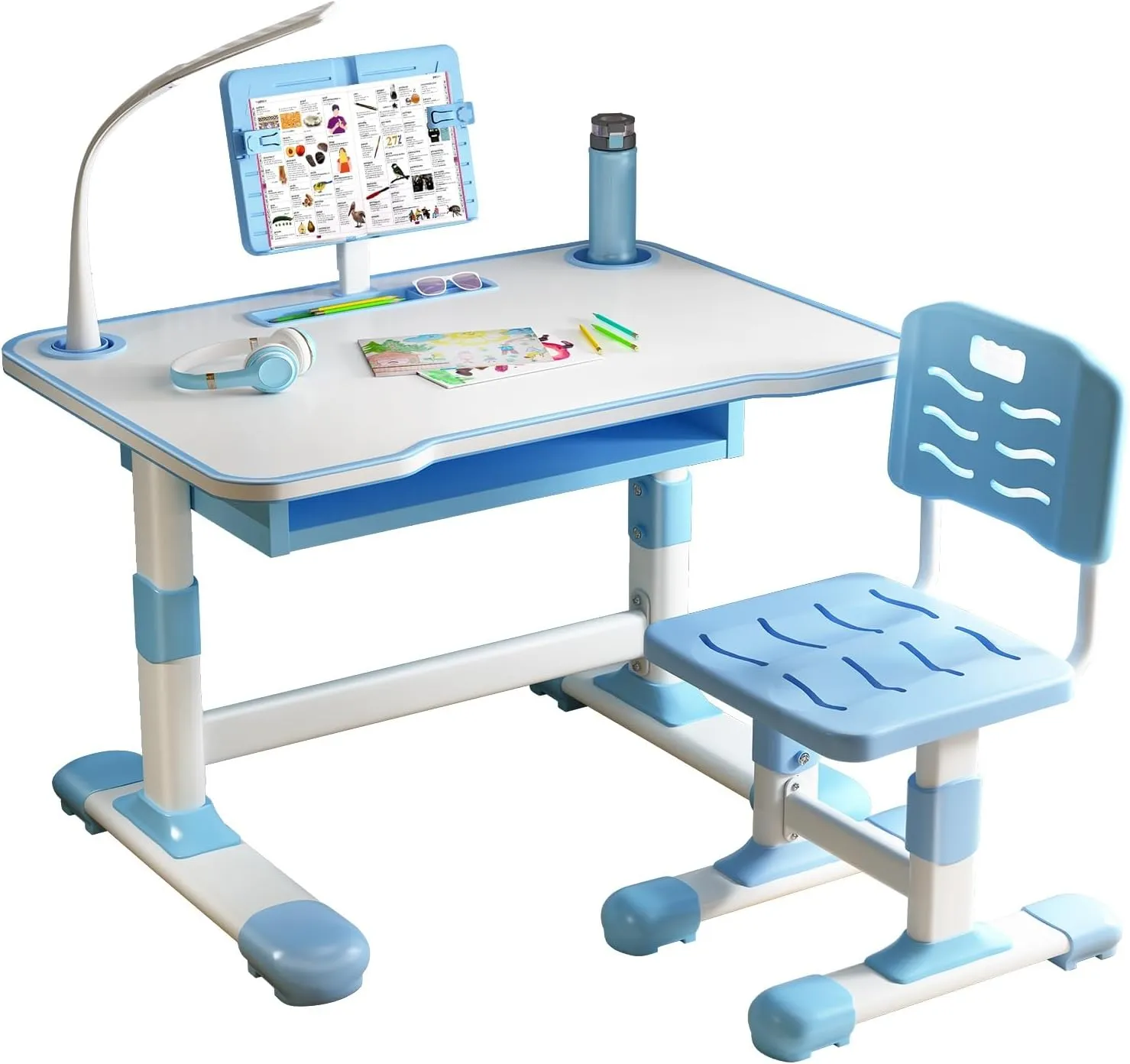 Study Desk Chair Set for Girl, Height Adjustable Toddlers Writing Table with Tiltable Reading Stand LED Table Light, Living Room Bedroom Children Learning Table with Extra Large Drawer Blue