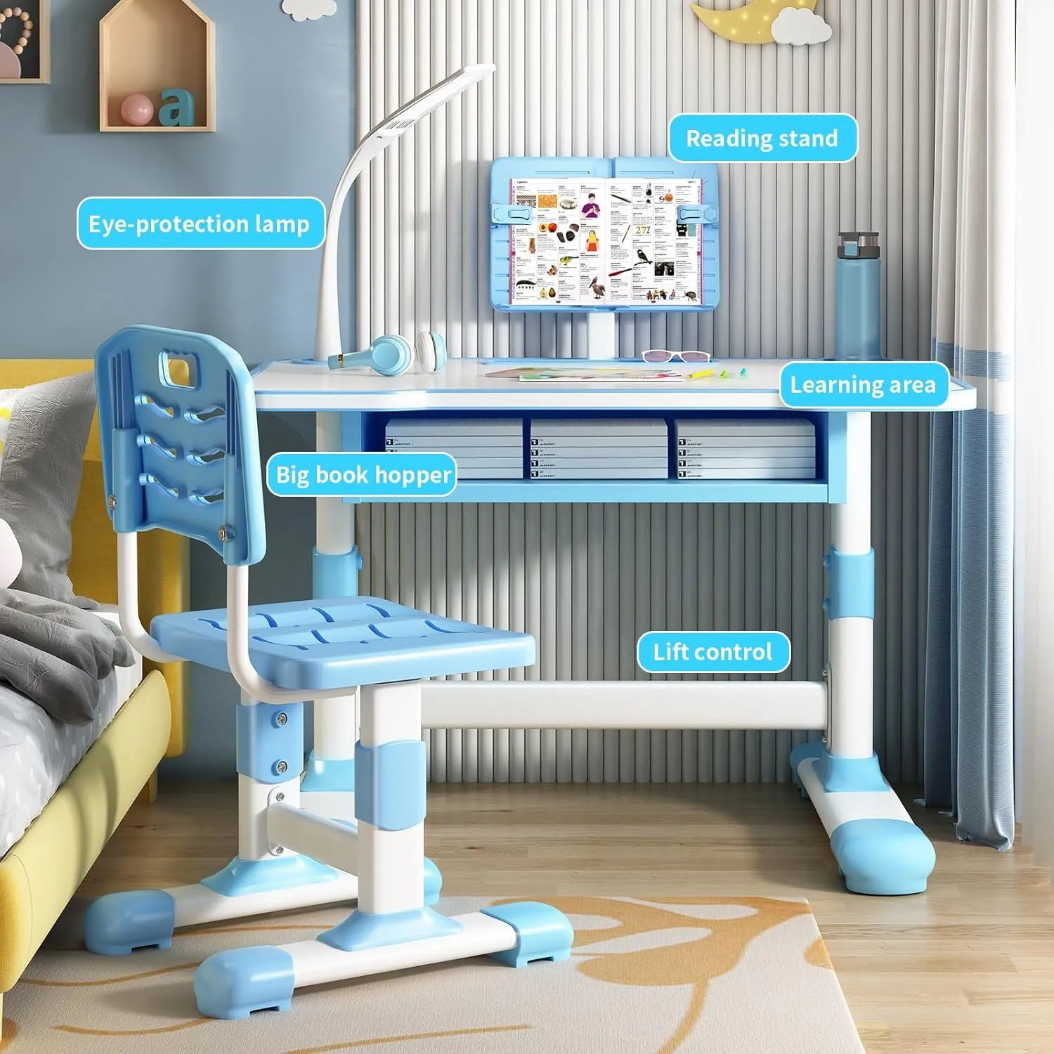 Study Desk Chair Set for Girl, Height Adjustable Toddlers Writing Table with Tiltable Reading Stand LED Table Light, Living Room Bedroom Children Learning Table with Extra Large Drawer Blue