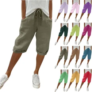 Summer Women Linen Shorts | Knee Length Drawstring Short Pants Beach Lightweight Capris Shorts with Pockets