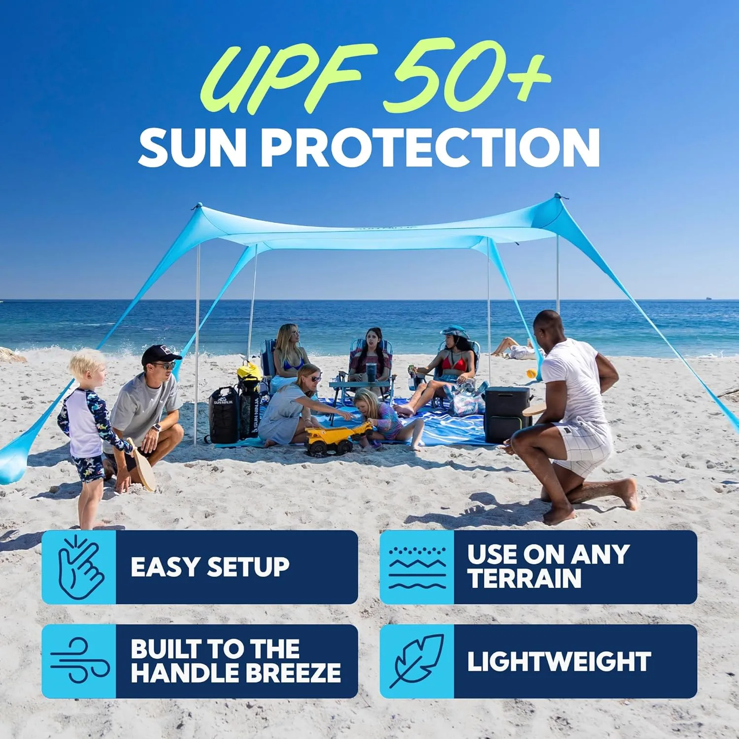 SUN NINJA Beach Tent Shelter with UPF50  Protection, Includes Sand Shovel, Ground Pegs, Stability Poles, Outdoor Pop Up Shade Canopy for Camping, Fishing, Backyard Fun