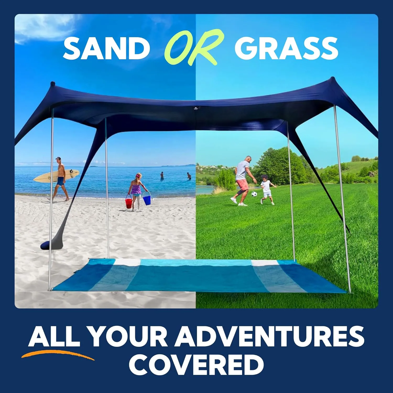 SUN NINJA Beach Tent Shelter with UPF50  Protection, Includes Sand Shovel, Ground Pegs, Stability Poles, Outdoor Pop Up Shade Canopy for Camping, Fishing, Backyard Fun