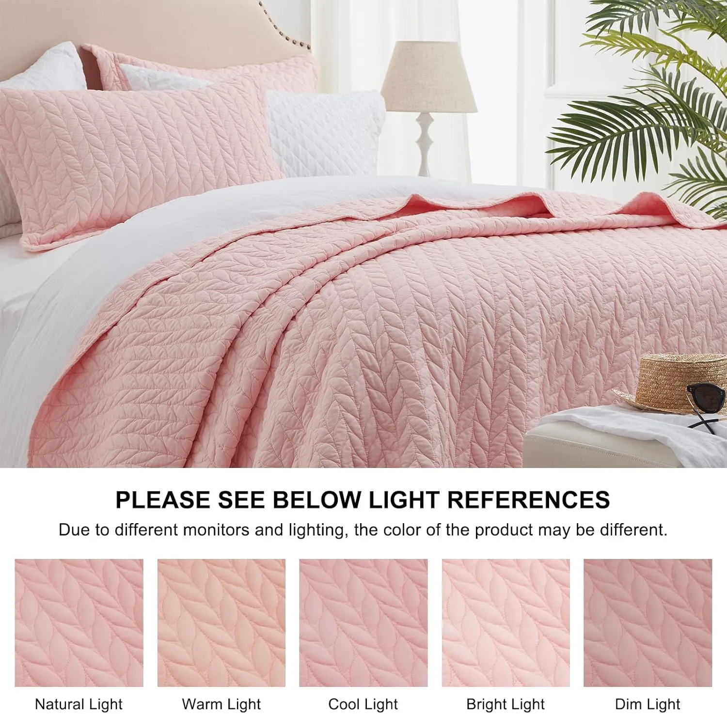 SunStyle Home King Quilt Bedding Set Pink, Lightweight Summer Bedspread Blanket King Size Quilt, Luxury Durable Quilted Stitching Coverlet with 2 Pillow Shams Leaf Embroidered Pattern All Seasons 3pcs