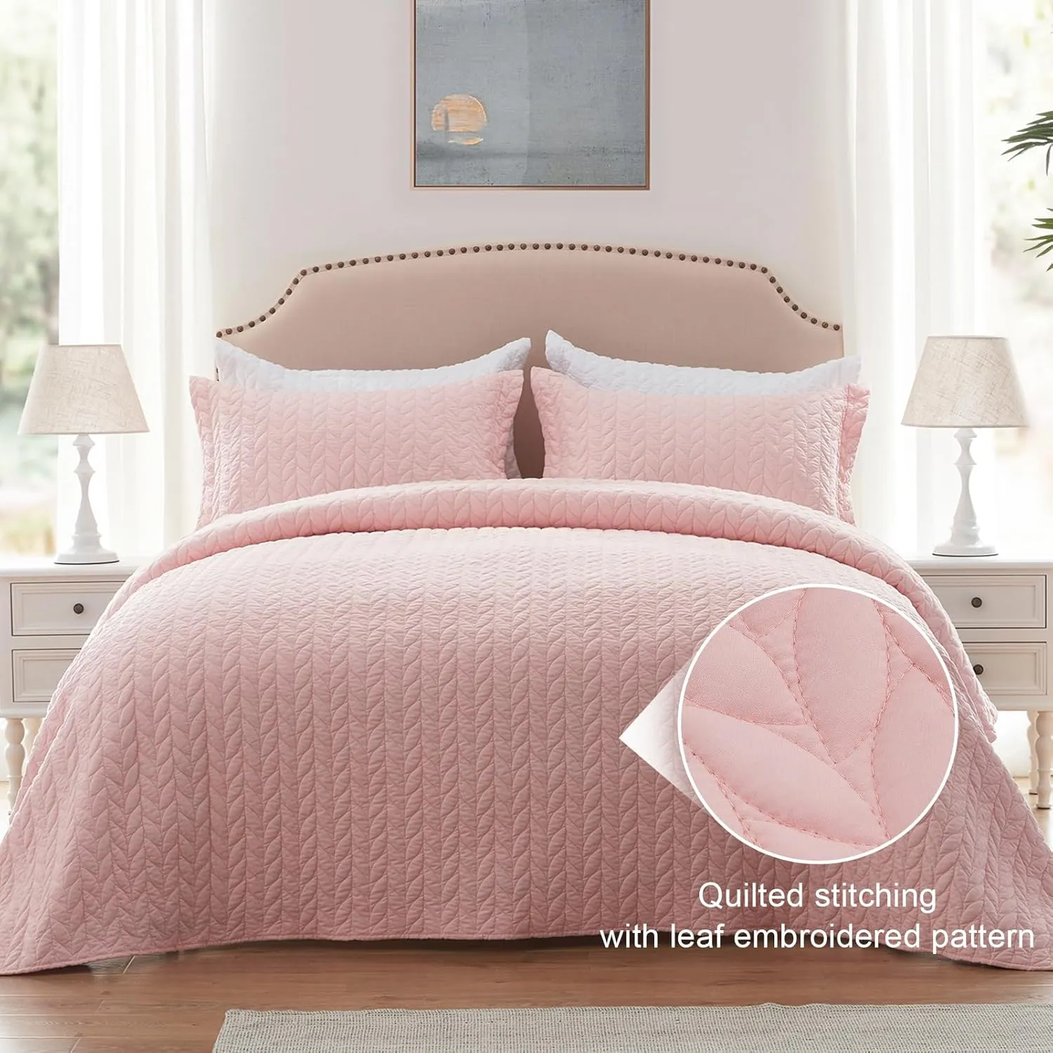 SunStyle Home King Quilt Bedding Set Pink, Lightweight Summer Bedspread Blanket King Size Quilt, Luxury Durable Quilted Stitching Coverlet with 2 Pillow Shams Leaf Embroidered Pattern All Seasons 3pcs