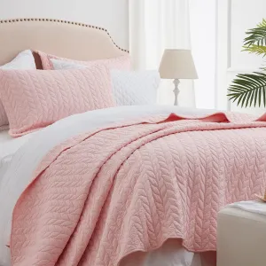 SunStyle Home King Quilt Bedding Set Pink, Lightweight Summer Bedspread Blanket King Size Quilt, Luxury Durable Quilted Stitching Coverlet with 2 Pillow Shams Leaf Embroidered Pattern All Seasons 3pcs