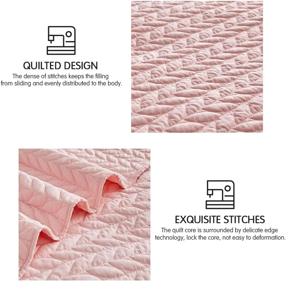 SunStyle Home King Quilt Bedding Set Pink, Lightweight Summer Bedspread Blanket King Size Quilt, Luxury Durable Quilted Stitching Coverlet with 2 Pillow Shams Leaf Embroidered Pattern All Seasons 3pcs