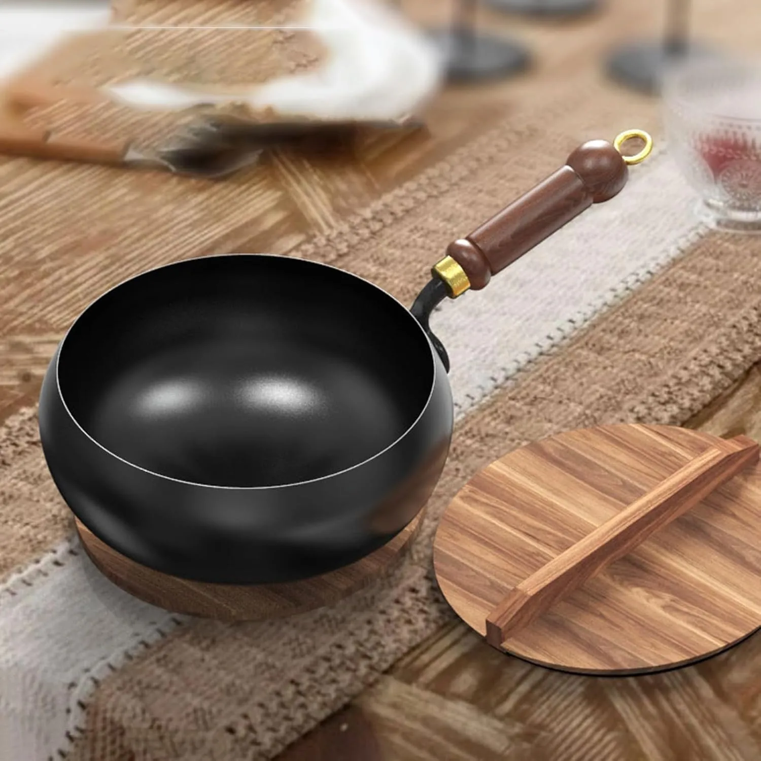 Suntuup Japanese Iron Pan with Lid, 9.4''/11''uncoated Iron Pan, Hand-Forged Non-stick wok Without Coating Durable and Rust-Free Round Bottom for Cooker Gas Stir Fry (9.4''Wooden lid)