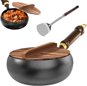 Suntuup Japanese Iron Pan with Lid, 9.4''/11''uncoated Iron Pan, Hand-Forged Non-stick wok Without Coating Durable and Rust-Free Round Bottom for Cooker Gas Stir Fry (9.4''Wooden lid)