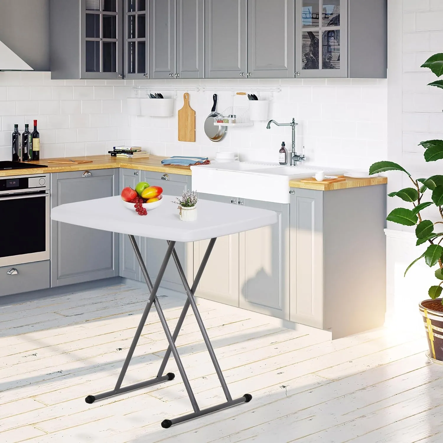 SUPER DEAL 2.5 Foot Plastic Folding Table, Indoor Outdoor Portable Heavy Duty Adjustable Height Kitchen or Camping Barbecues Picnic Party Table, White